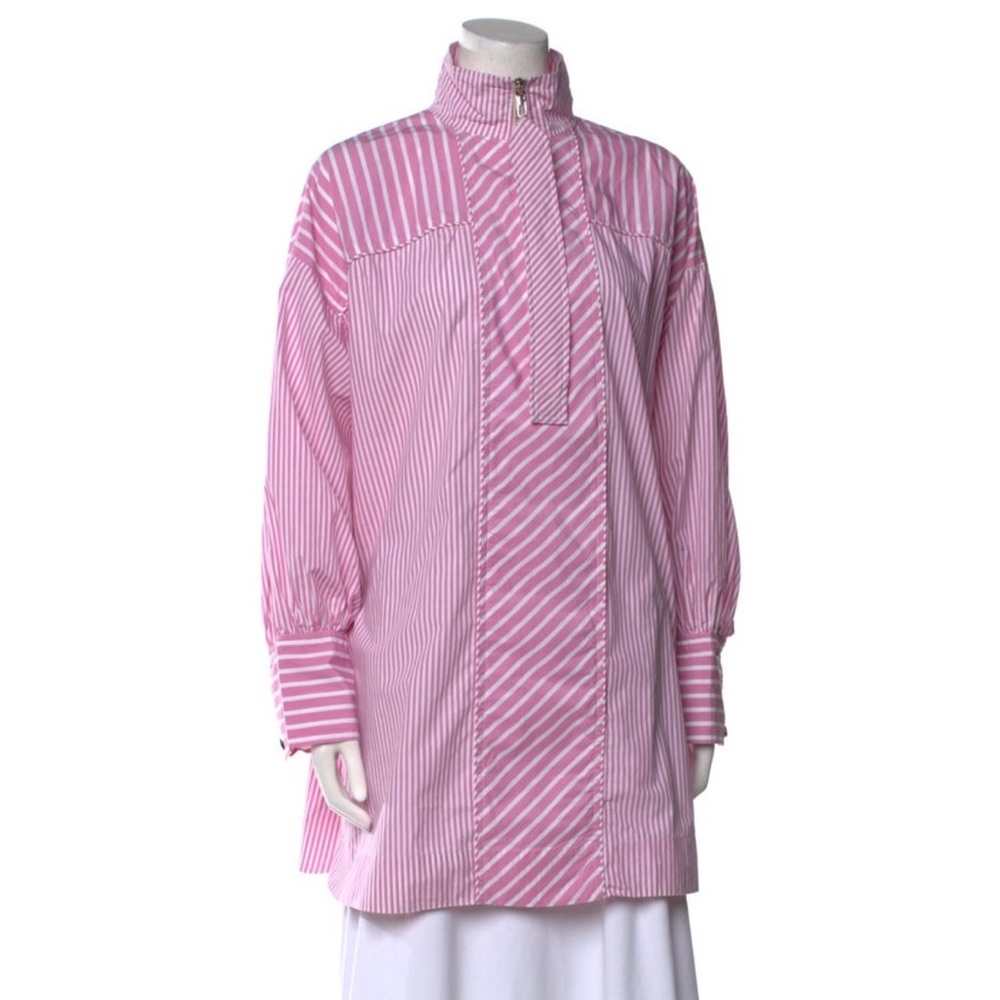 GANNI Pink Striped Long Sleeve Blouse with White Skirt